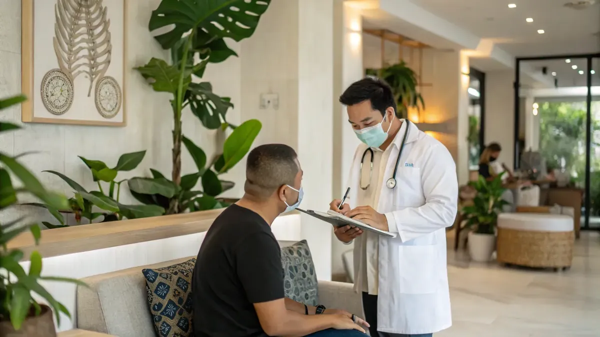 Doctor taking notes during a health check-up with a patient in a Bali clinic