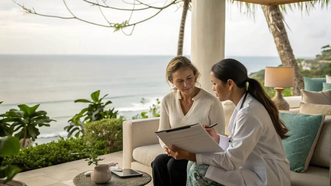 Doctor consulting with a patient on an ocean-view villa terrace in Bali