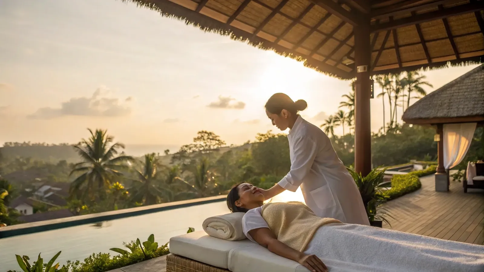 Private nurse caring for a guest on a villa terrace overlooking the Bali jungle at sunset
