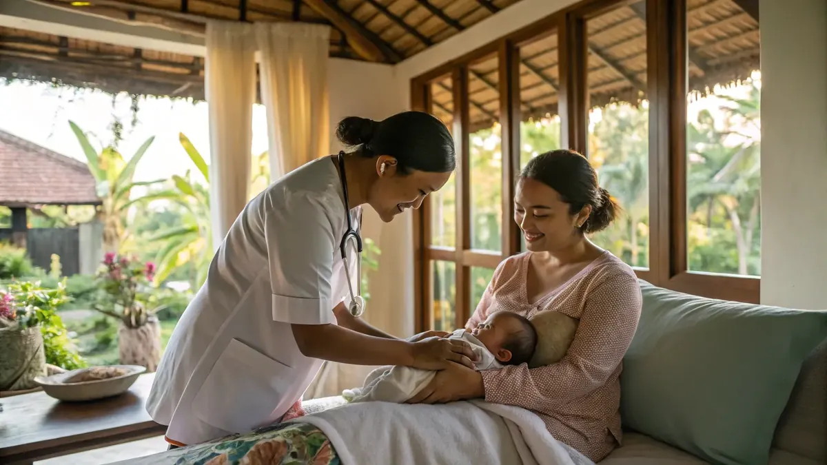 Midwife checking a newborn with the mother in a Bali villa