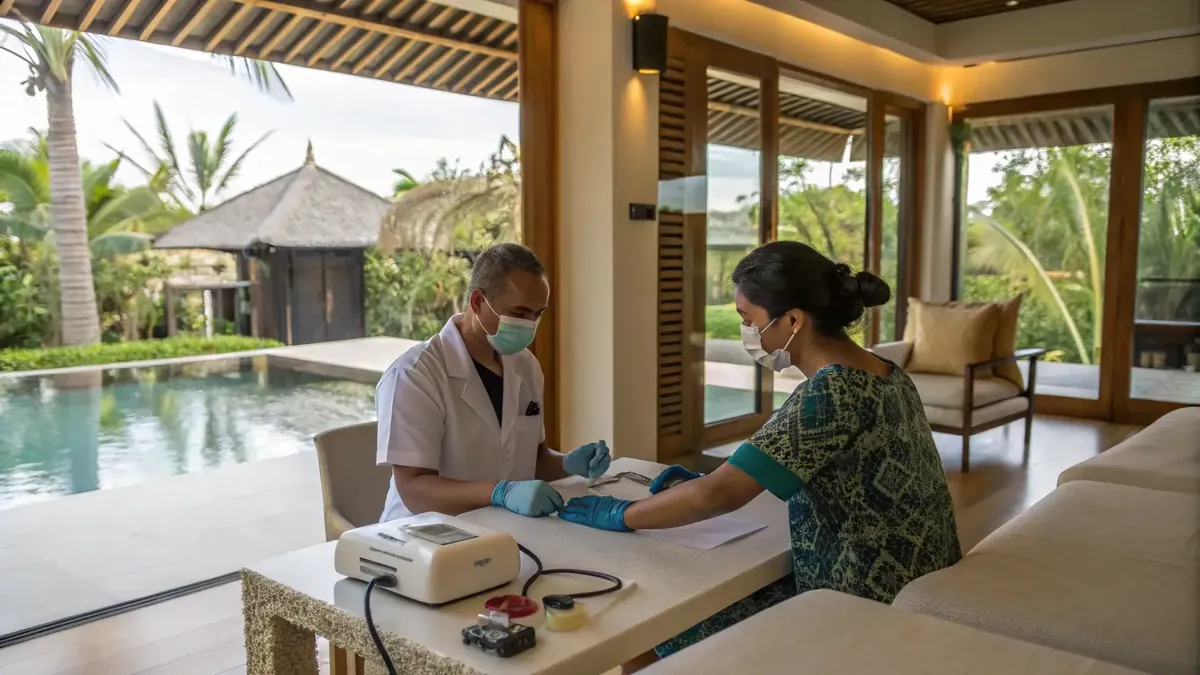 Nurse checking a patient's blood pressure during a private villa health check-up