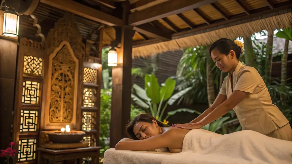 Therapist giving a Balinese massage in a traditional open-air bale