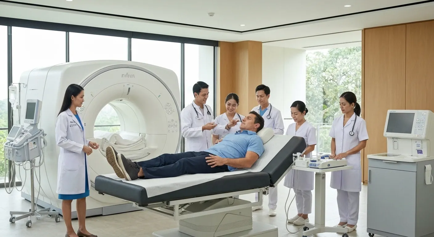 Medical team preparing a patient for a scan in a bright Bali hospital suite