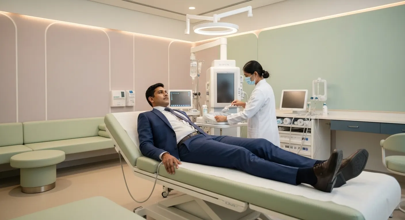 Businessman lying on an examination bed during an ultrasound check-up