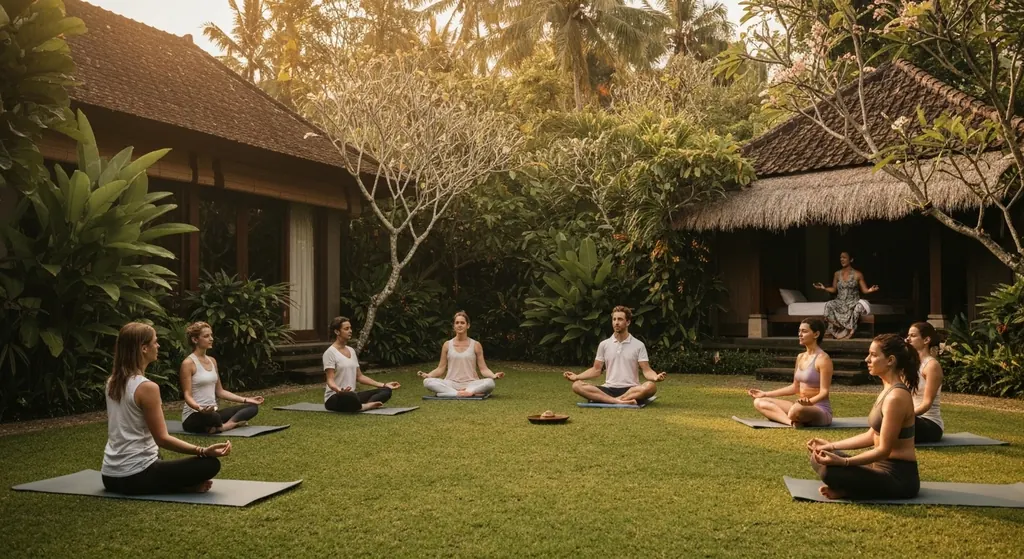 Group meditating on yoga mats in a tropical garden in Bali