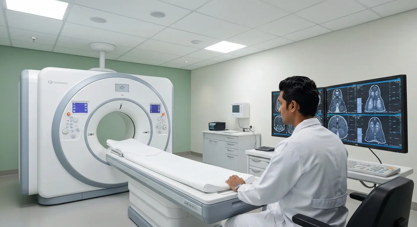 Radiologist reviewing MRI images beside a scanner