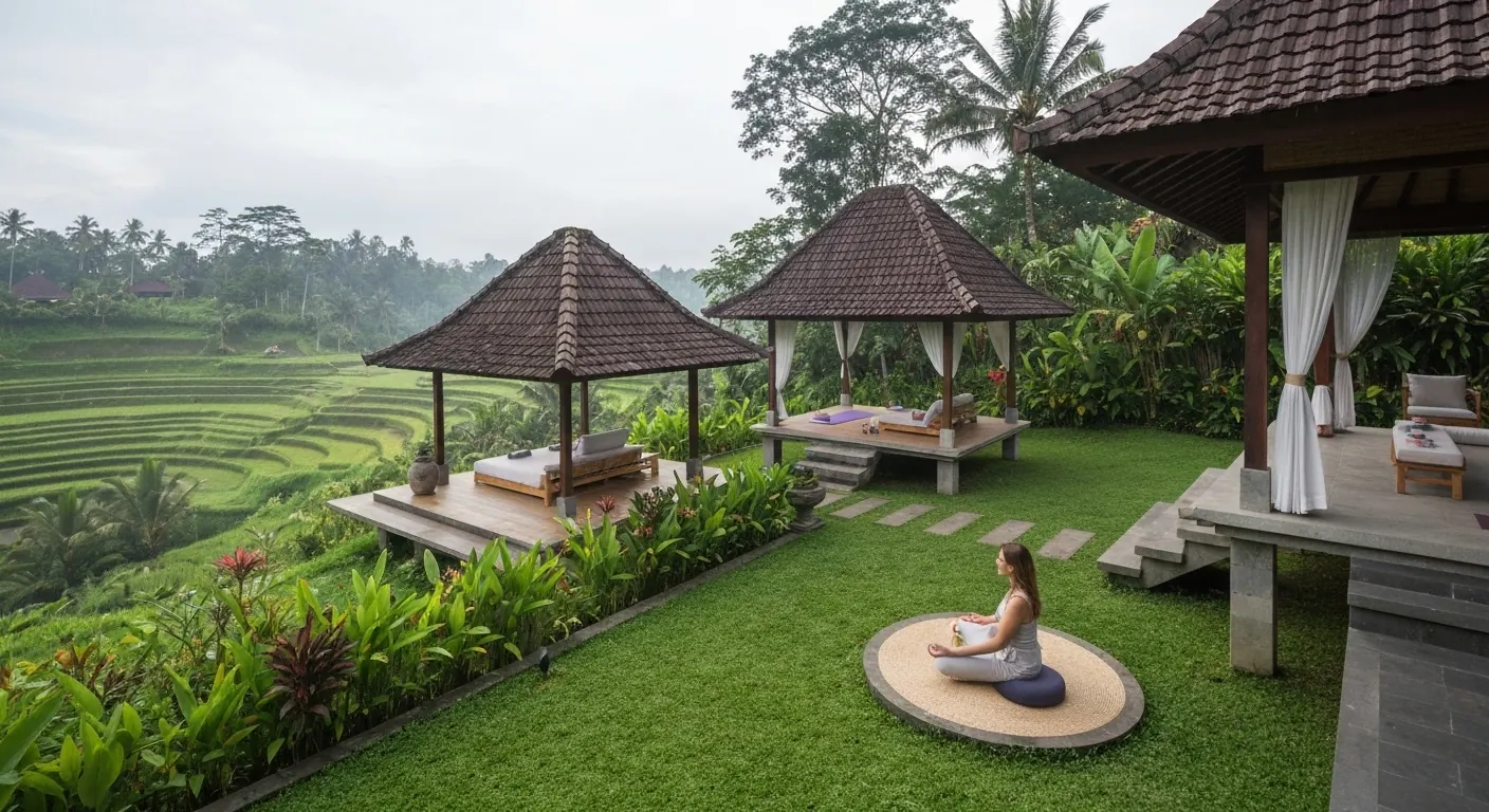 Woman meditating beside retreat pavilions above Bali rice terraces