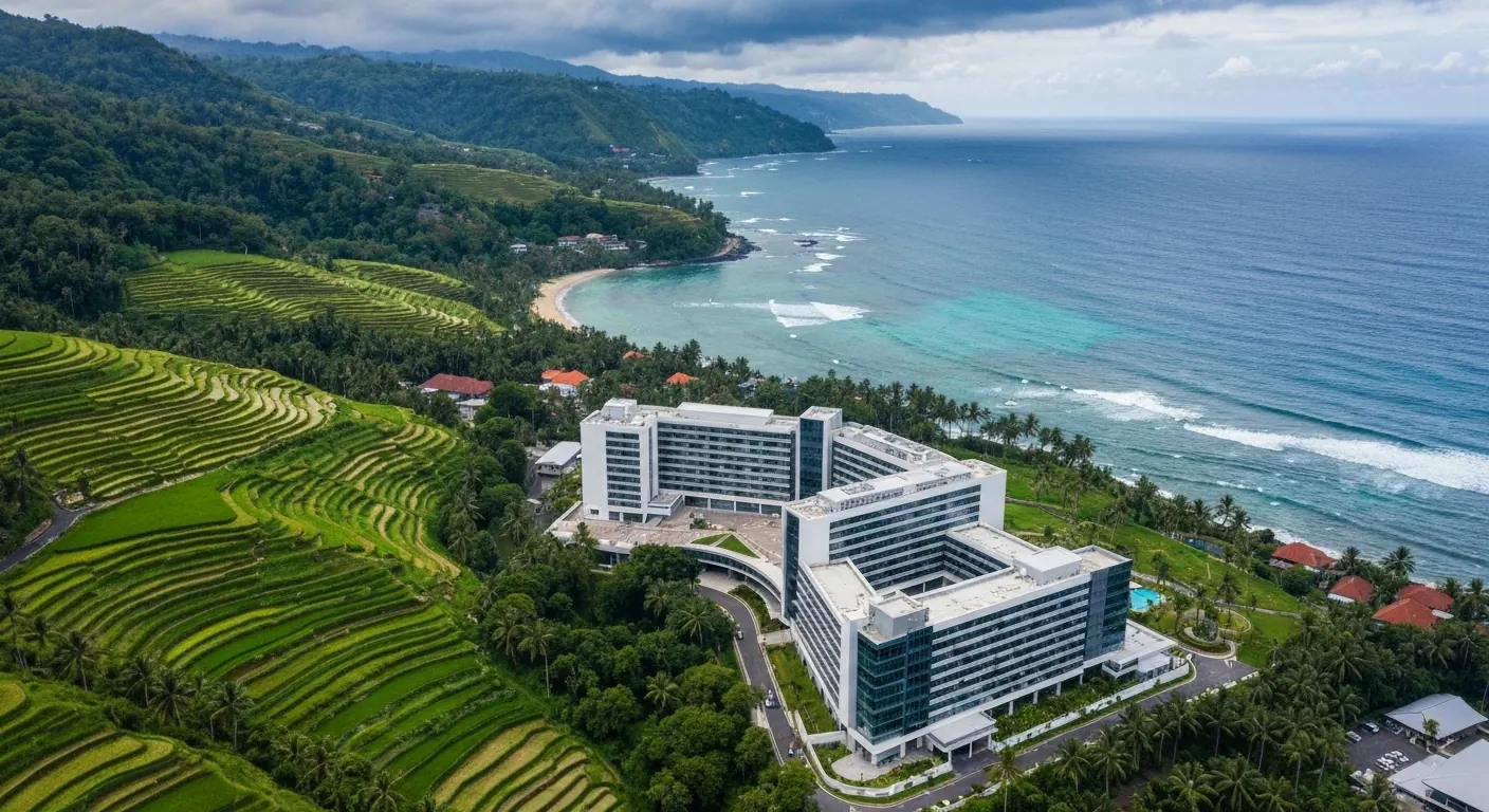 Aerial view of a modern hospital between rice terraces and the Bali coastline
