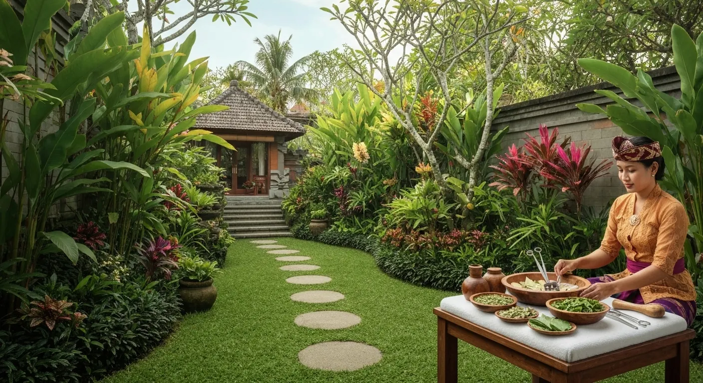 Balinese woman preparing herbal remedies in a garden