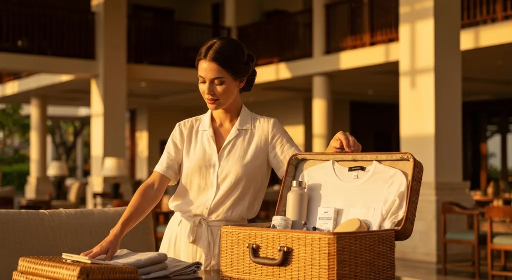 Woman packing a wicker case with clothes and toiletries in a resort lobby