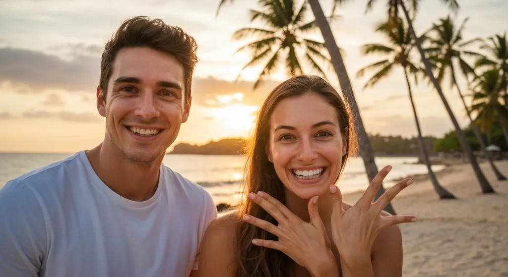 Smiling couple on a Bali beach at sunset after treatment