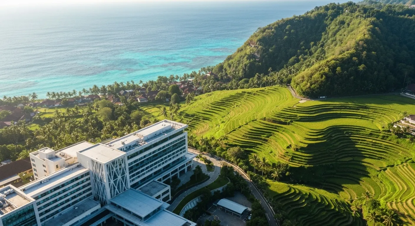 Aerial view of a hospital near the Bali coast