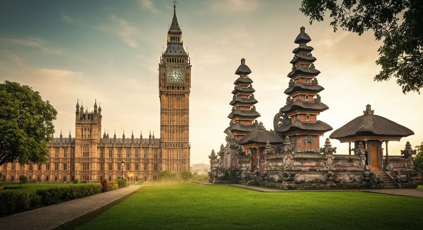 Big Ben and a Balinese temple side by side