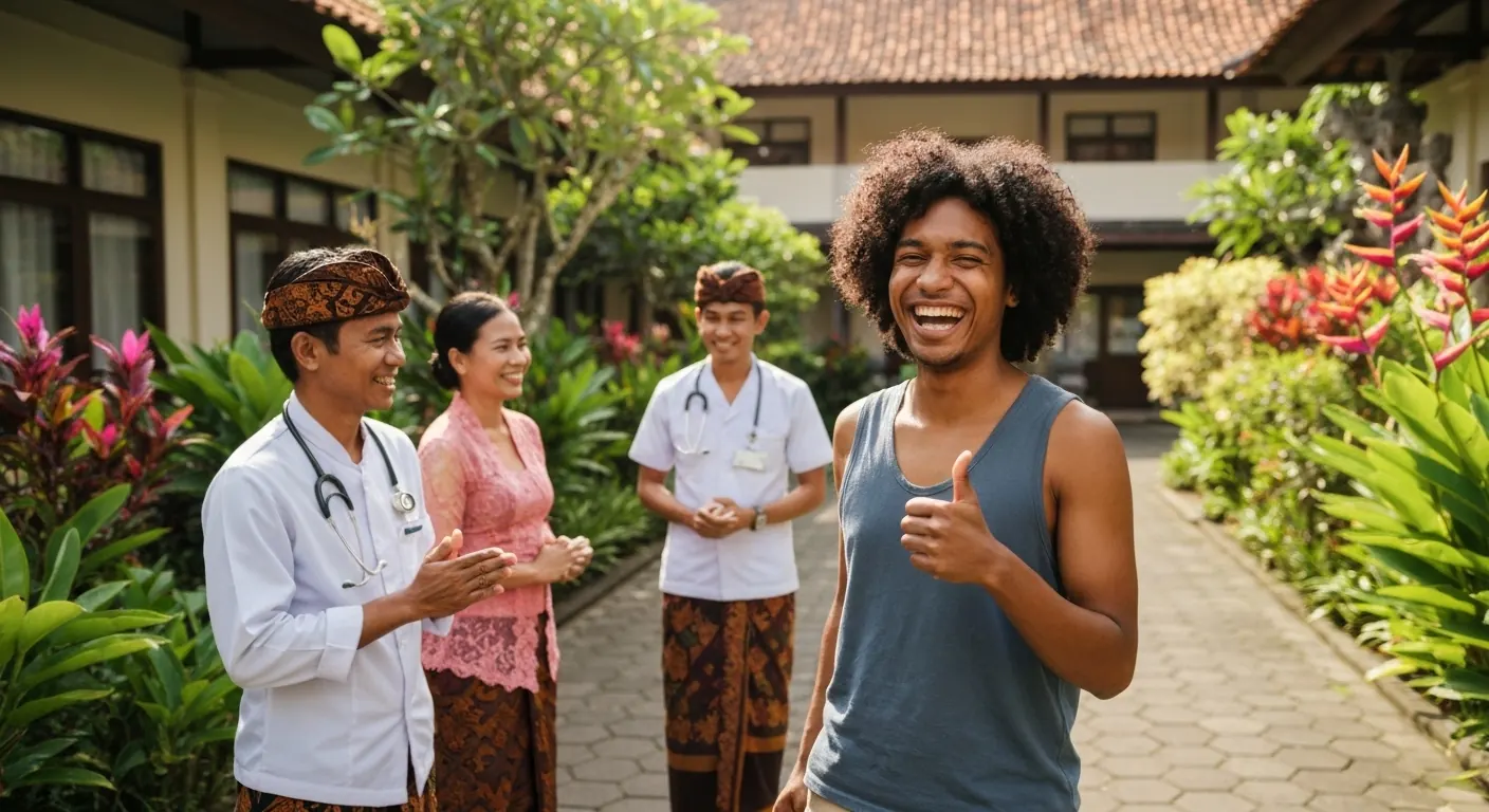 Smiling patient greeted by Balinese medical staff in a garden