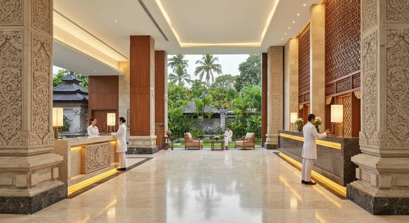 Open-air hotel lobby in Bali with carved stone pillars