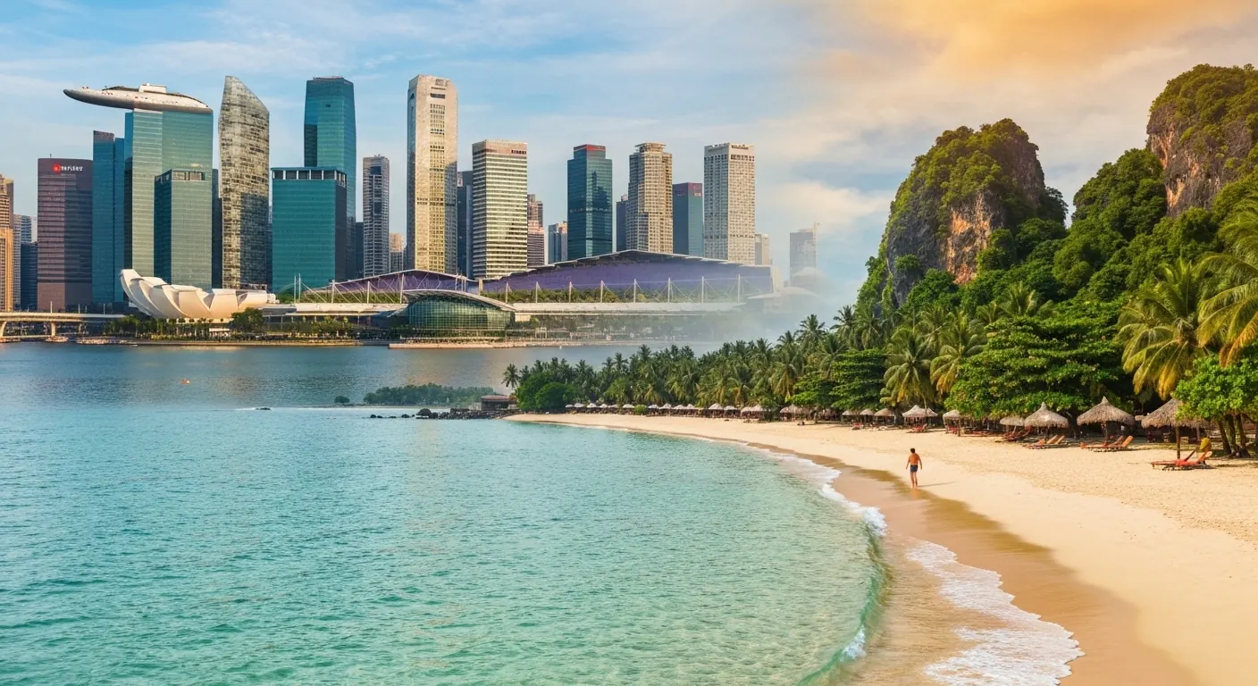 Singapore skyline across the water from a tropical beach