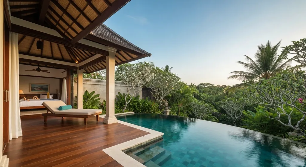 Villa terrace with a sun lounger beside a pool overlooking the jungle