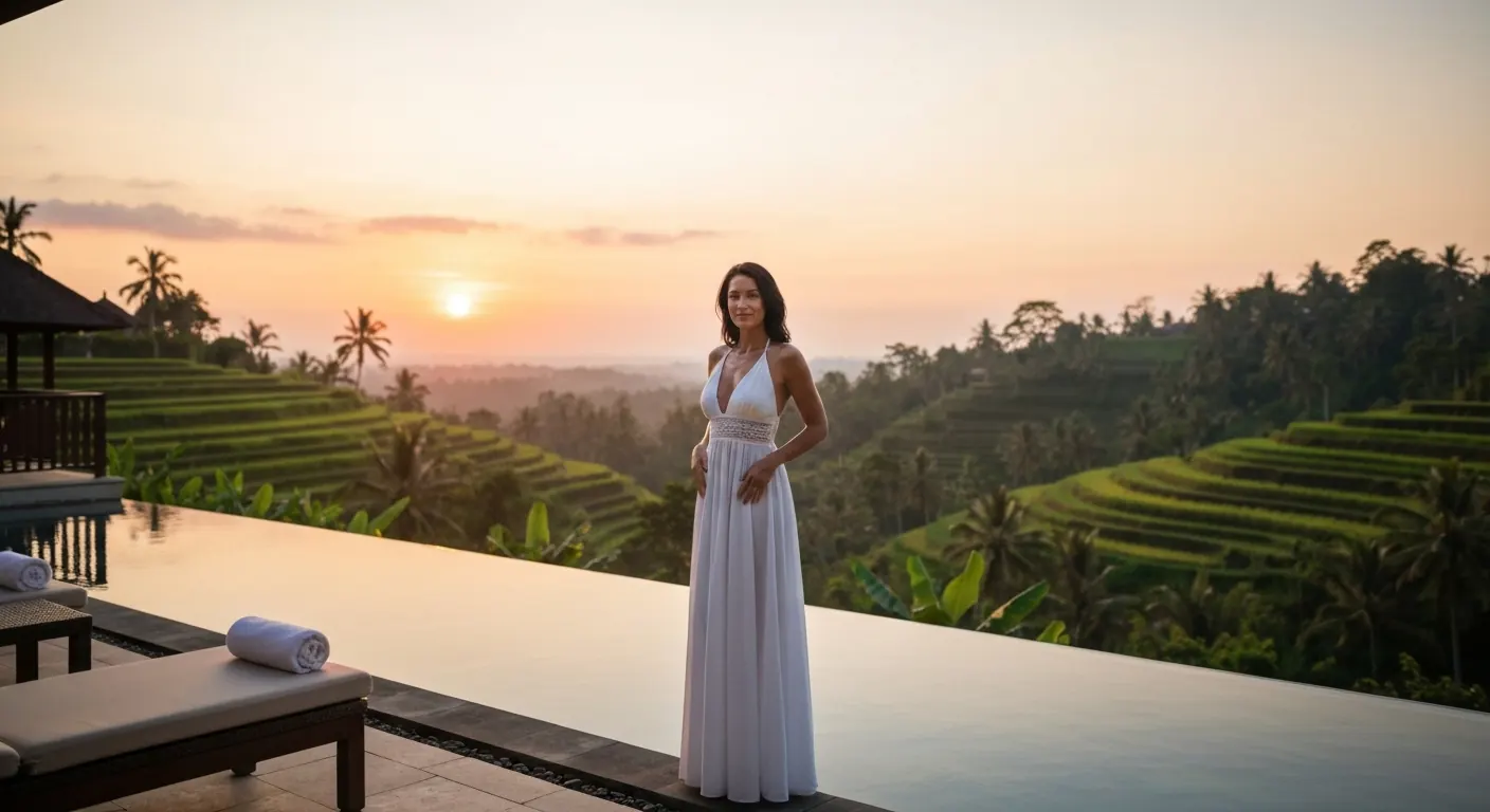 Woman in a white dress by an infinity pool above rice terraces at sunset