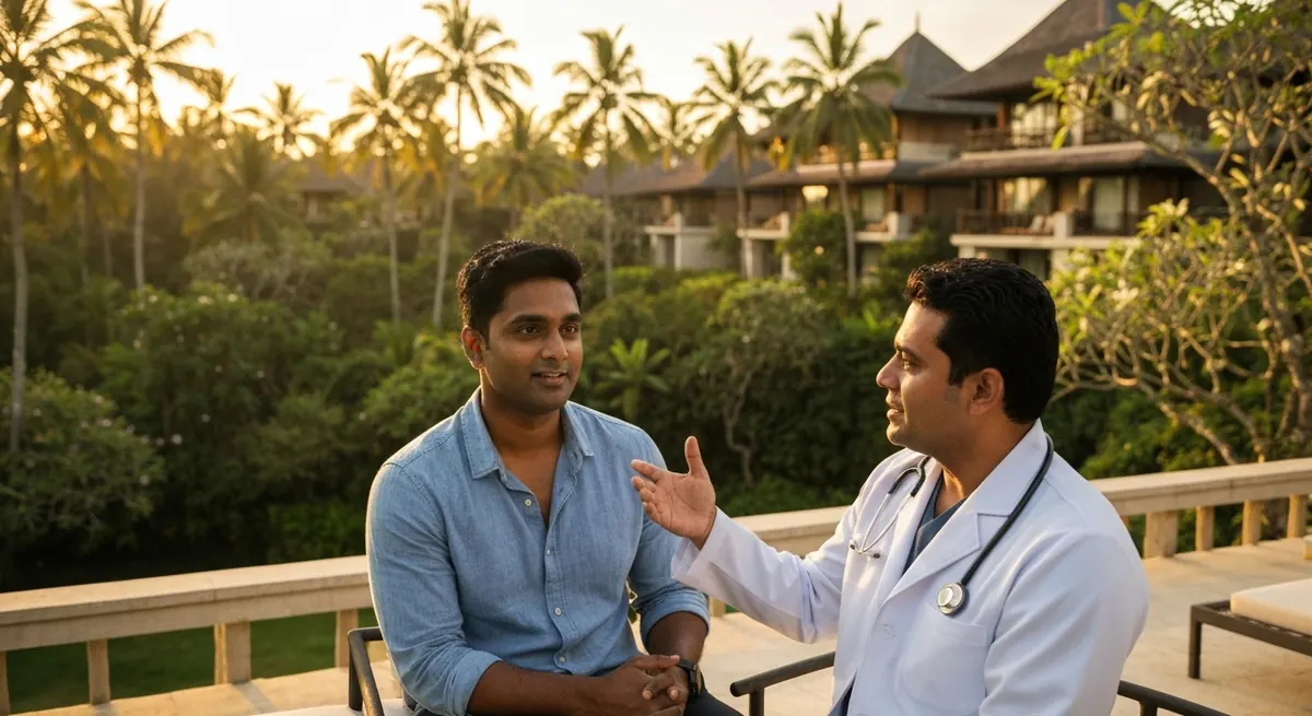 Doctor talking with a male patient on a hotel terrace in Bali