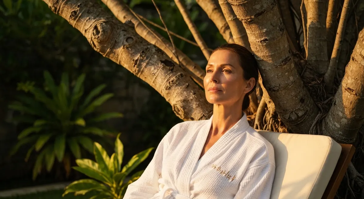 Woman in a white robe relaxing in a garden at golden hour