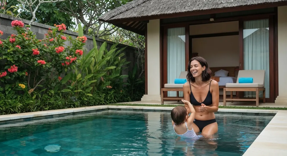 Mother playing with her toddler in a private villa pool