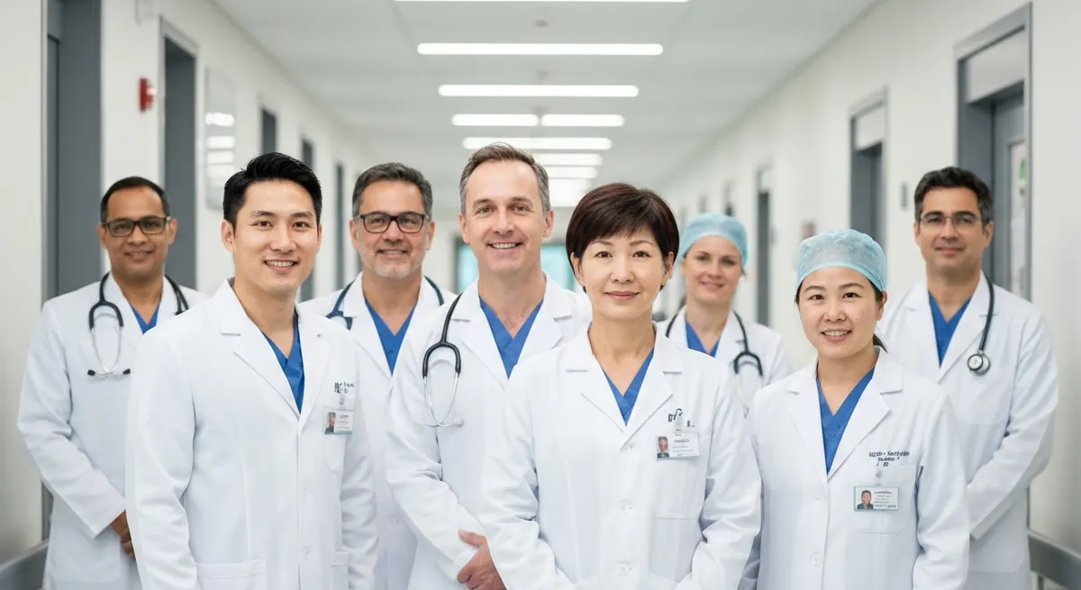 Team of doctors in white coats standing in a hospital corridor