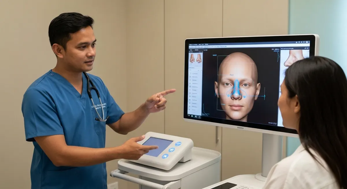 Surgeon explaining a 3D nose simulation to a patient