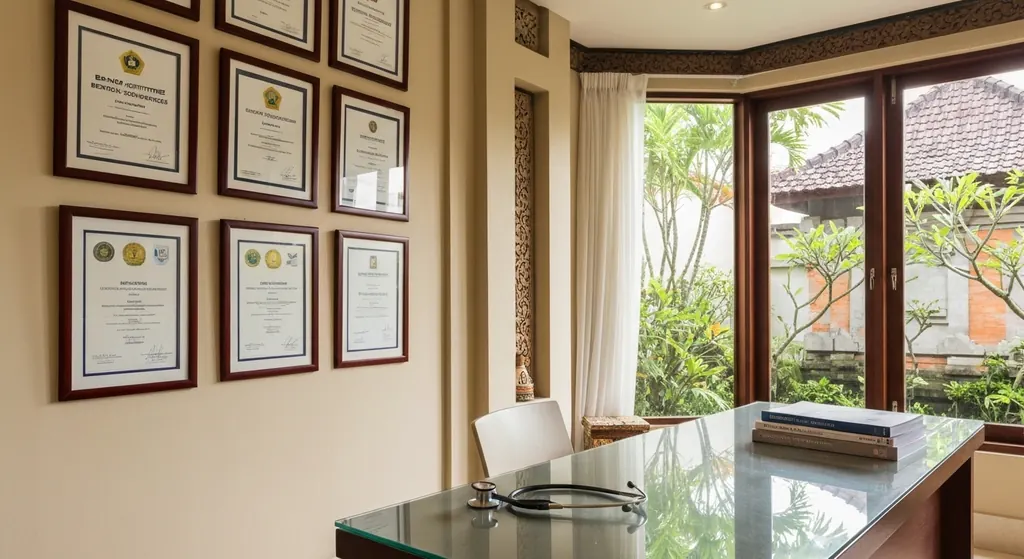 Surgeon’s office in Bali with framed certificates on the wall