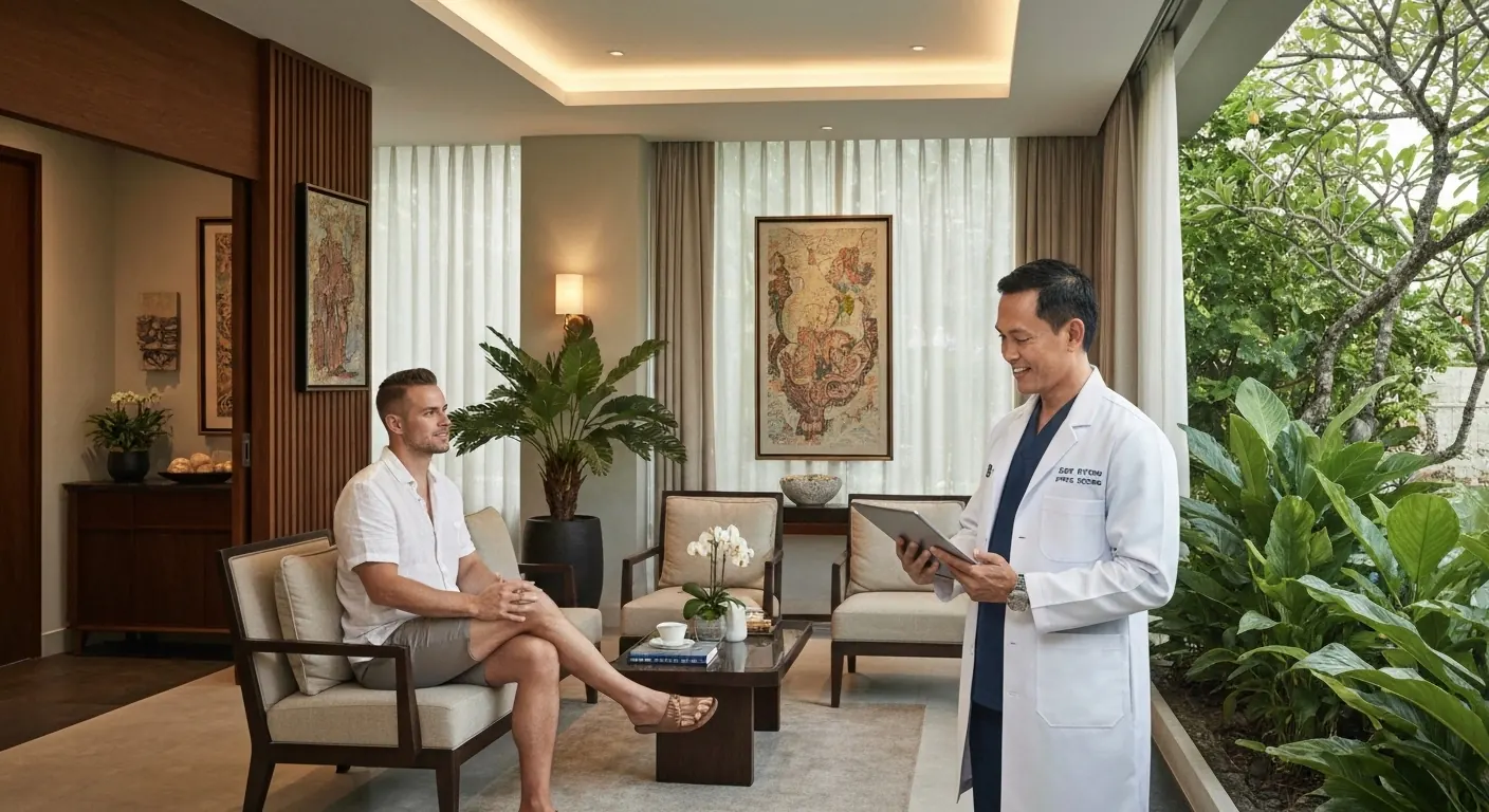 Surgeon with a tablet talking with a patient in a Bali clinic lounge