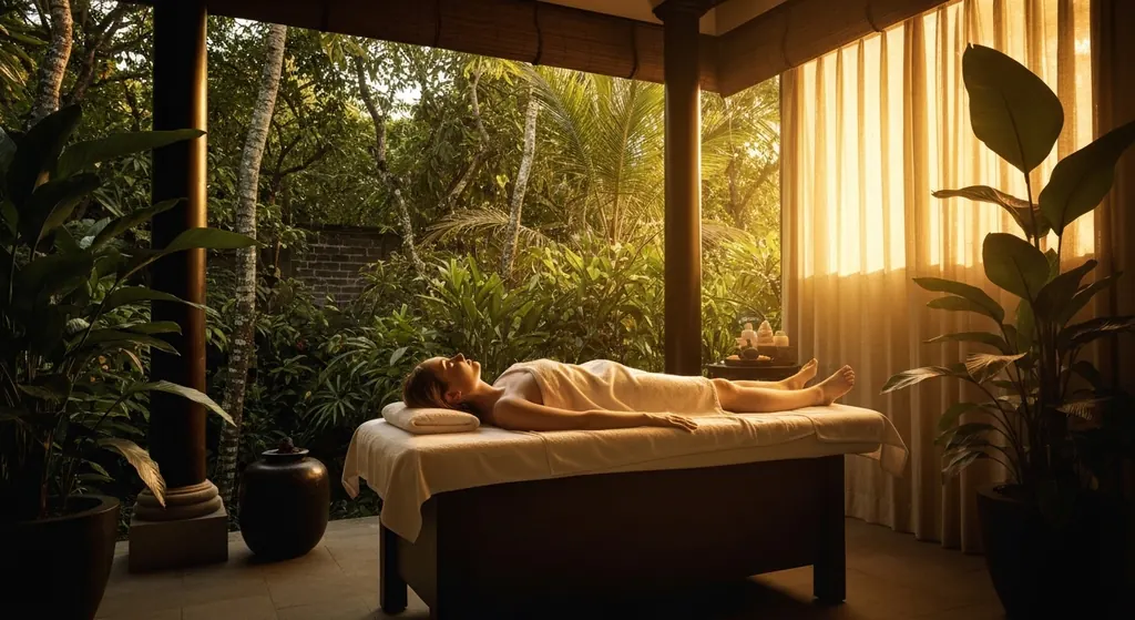 Guest resting on a treatment bed in an open garden pavilion in Bali