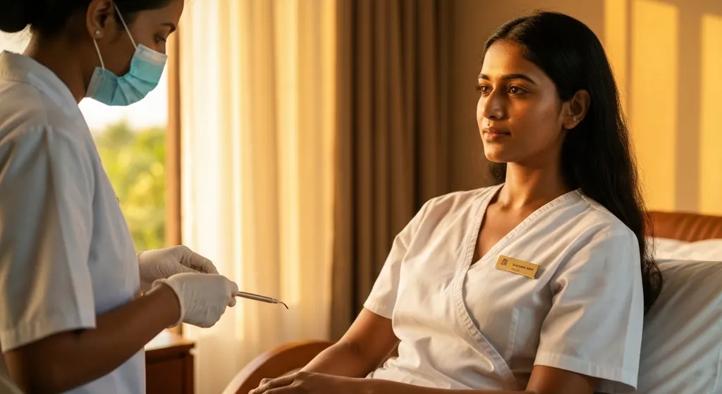Nurse checking on a patient in a sunlit recovery room
