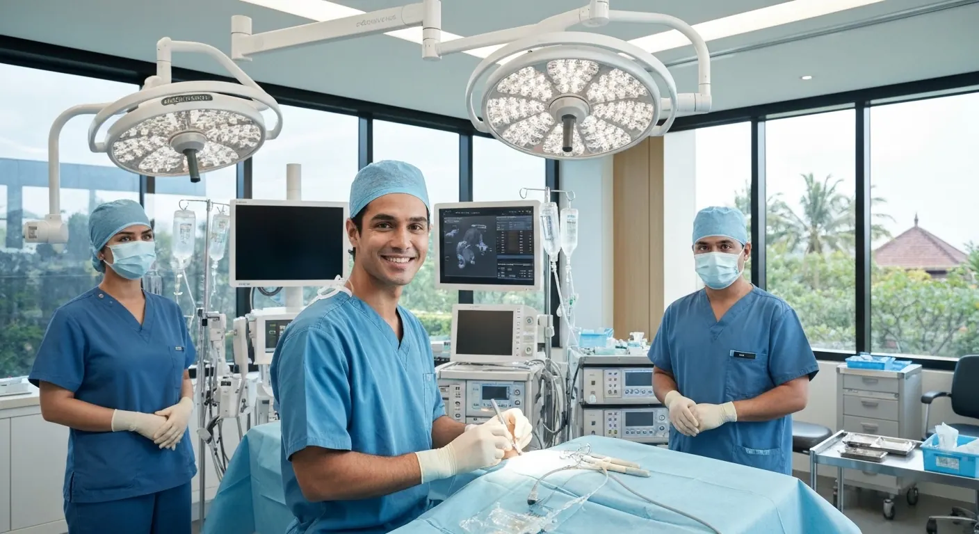 Plastic surgeon and theatre nurses in an operating room with garden views