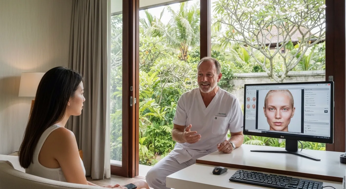 Surgeon reviewing a 3D face model with a patient in a Bali clinic