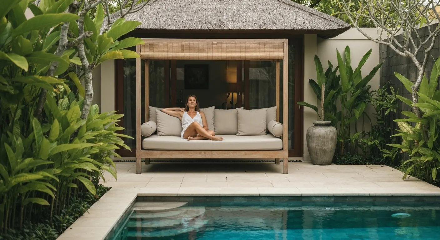 Woman relaxing on a daybed beside a private villa pool