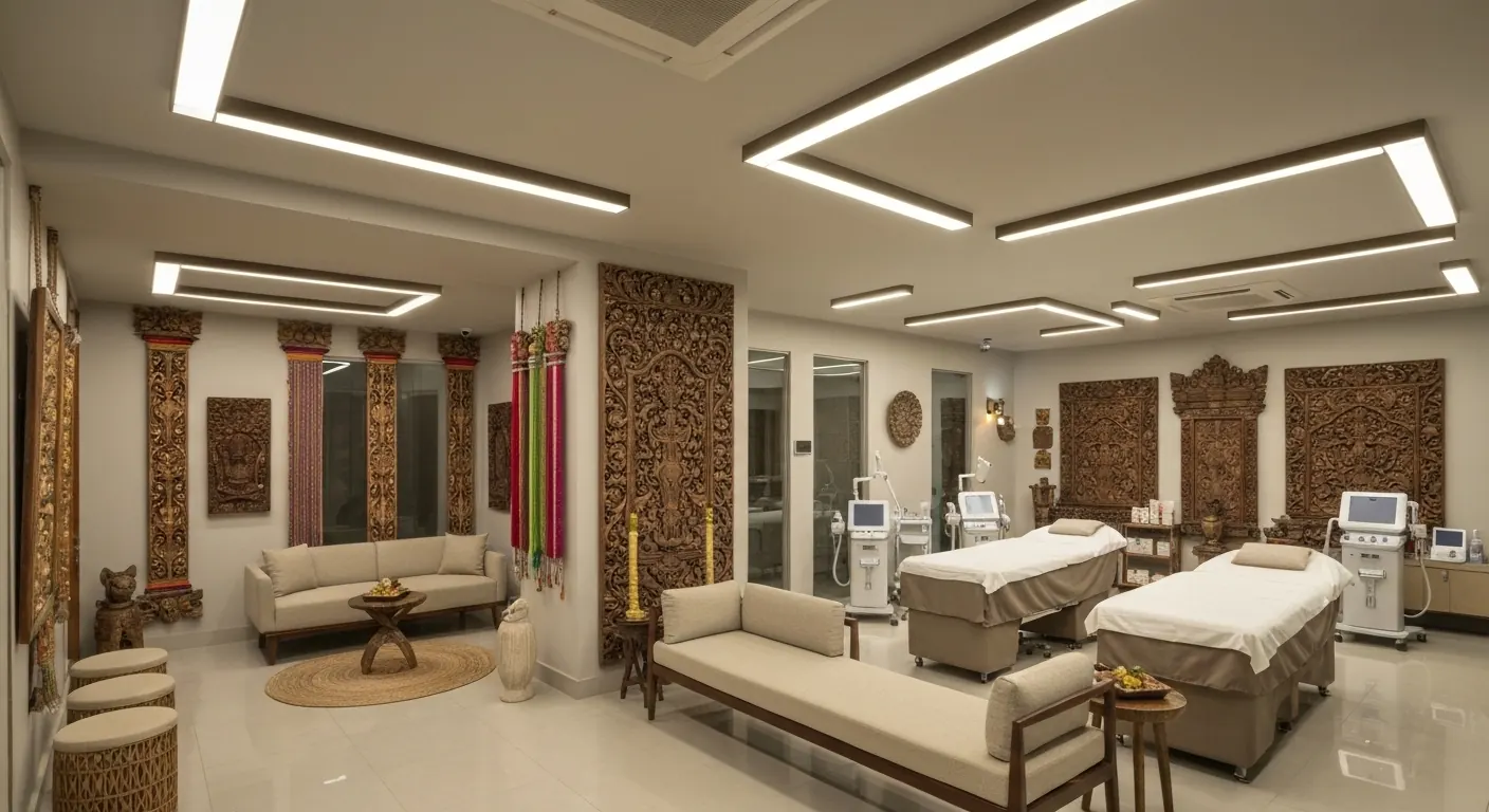 Aesthetic clinic treatment room in Bali with carved wood panels and two treatment beds