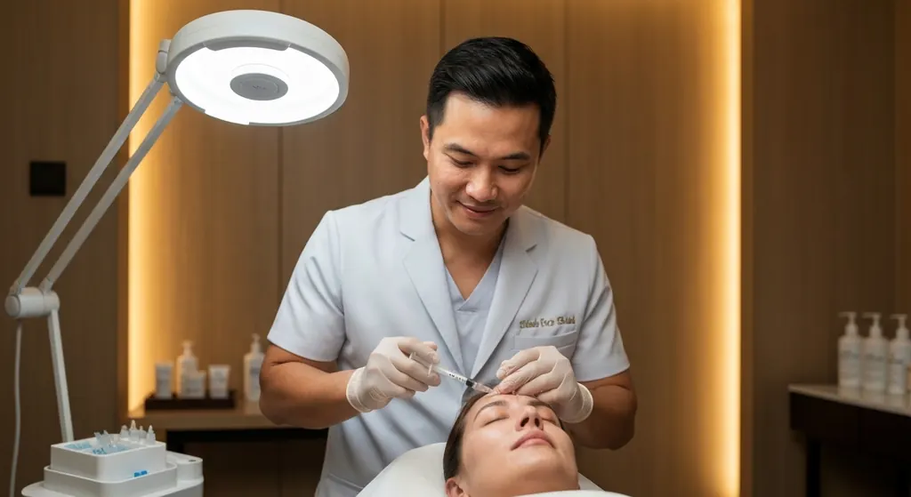 Aesthetic doctor giving an injectable treatment to a patient in a warmly lit clinic