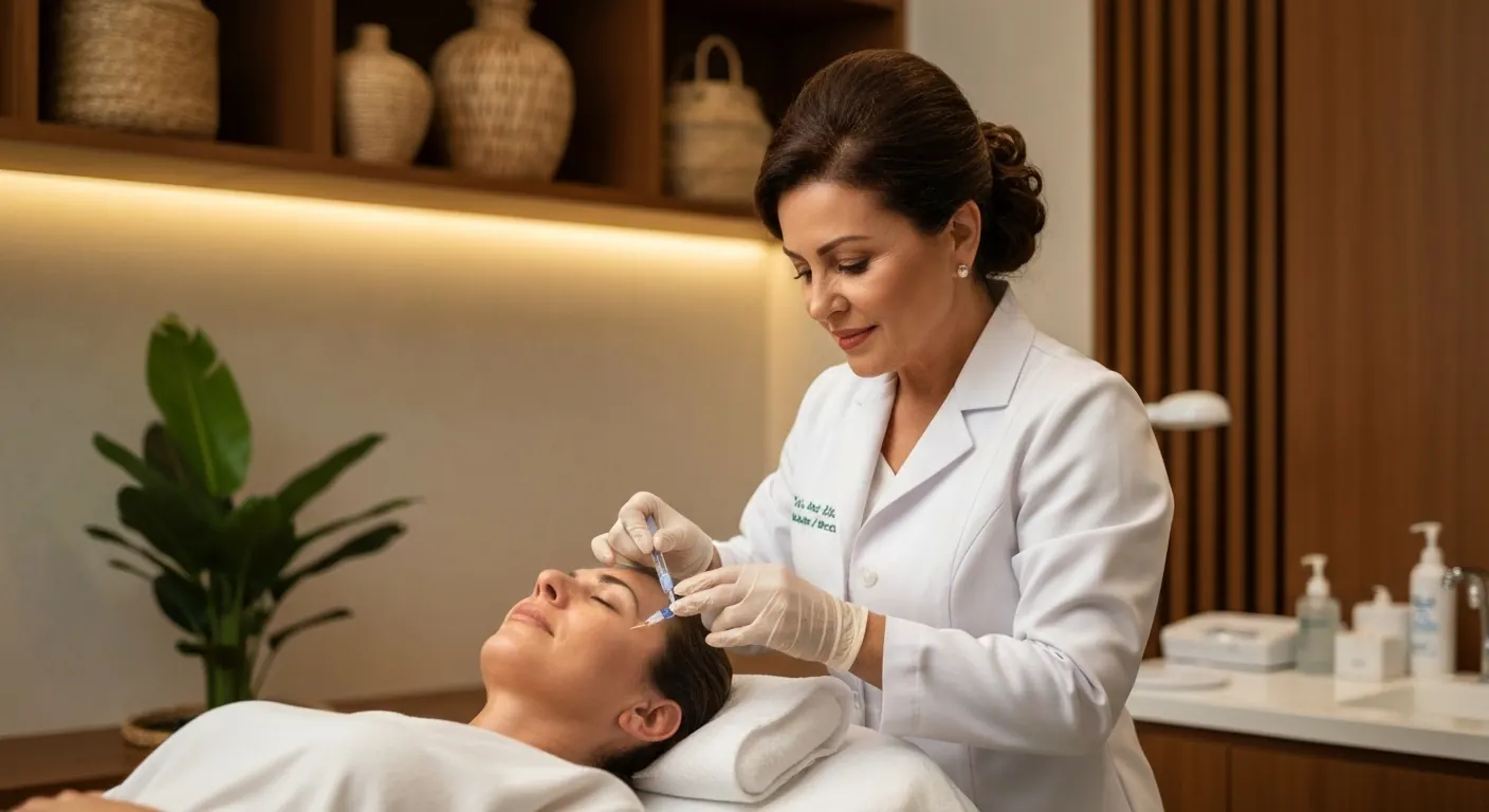 Aesthetic doctor giving a Botox injection to a relaxed patient in a Bali clinic
