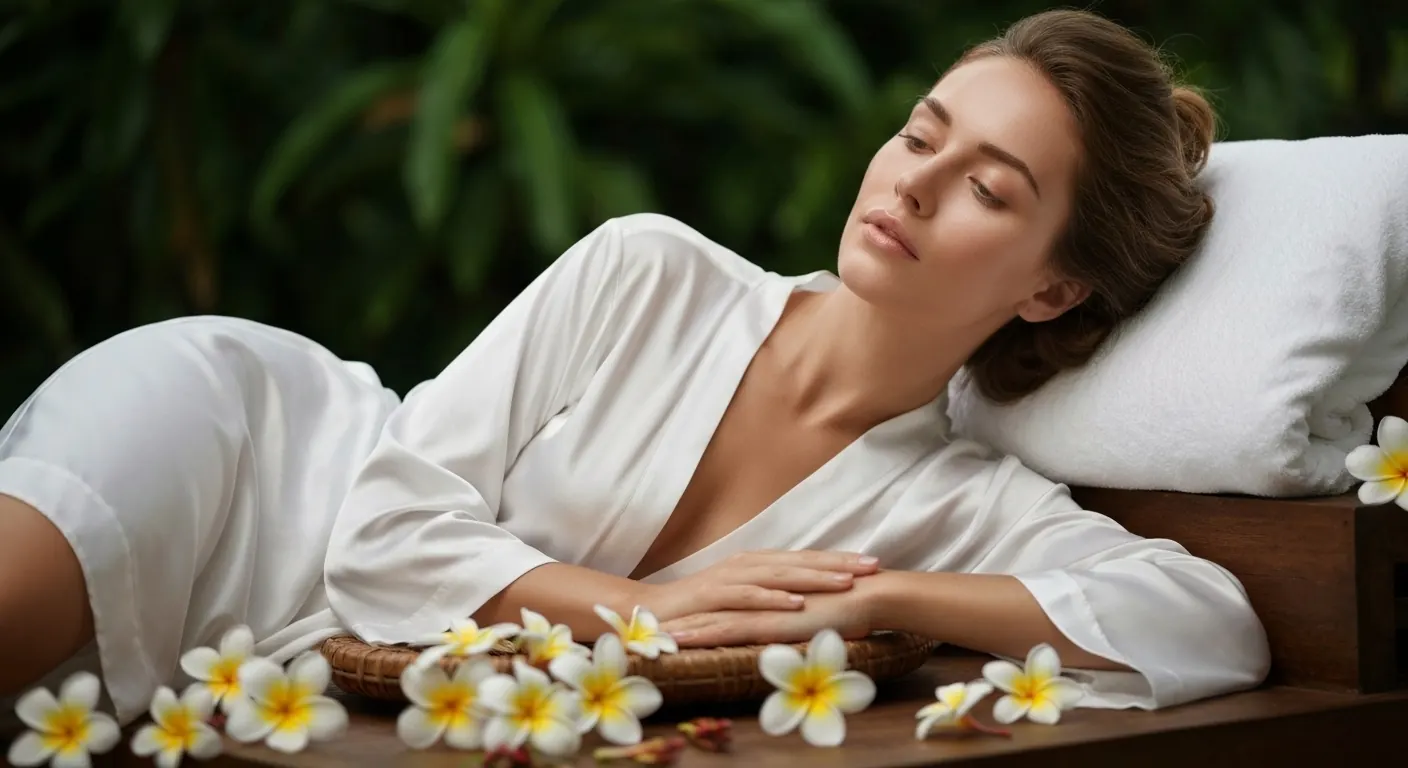 Woman in a white robe resting among frangipani flowers after an aesthetic treatment