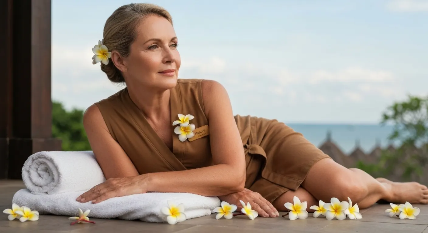 Mature woman resting on a terrace in Bali with frangipani flowers and the sea behind