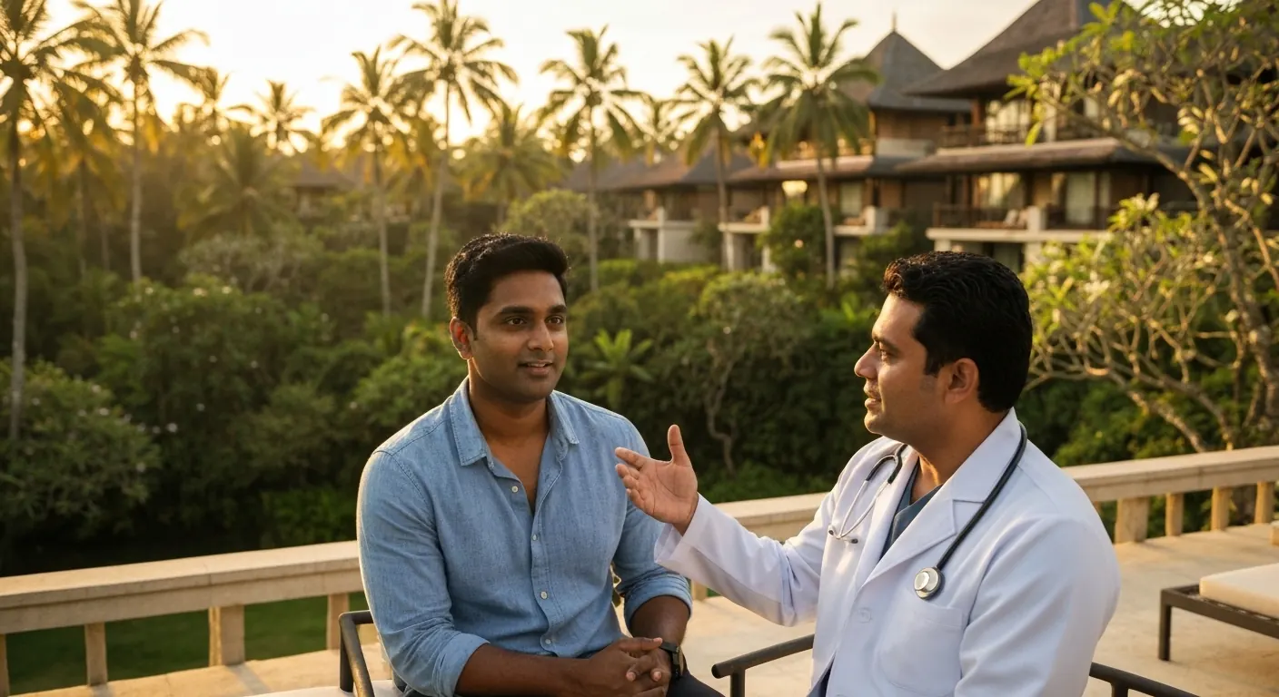 Doctor talking with a patient on a terrace surrounded by palm trees in Bali