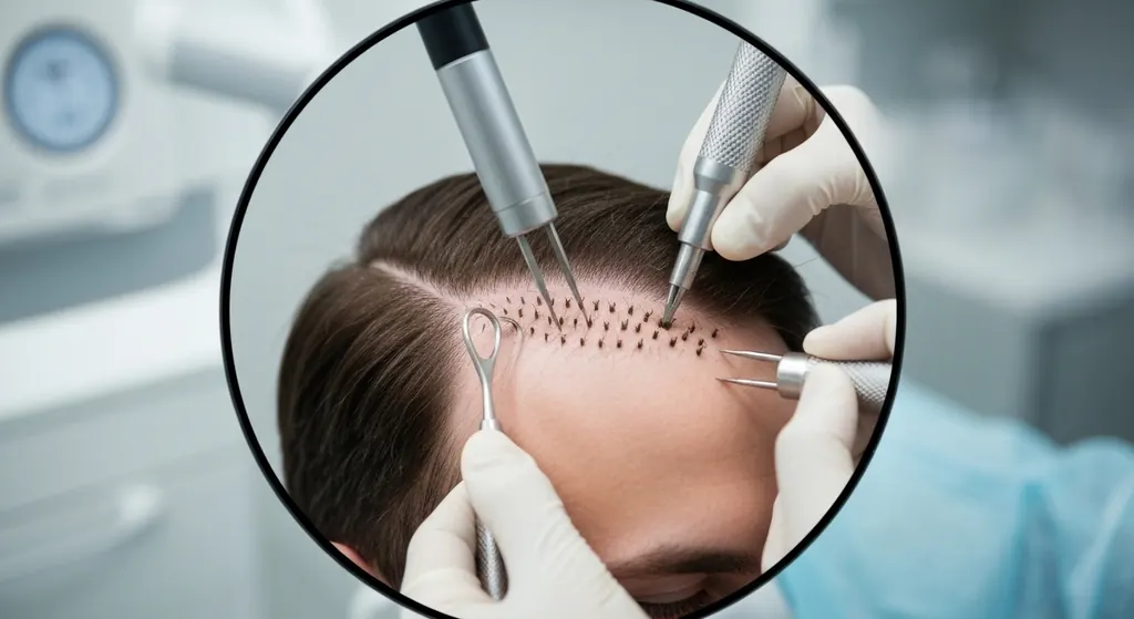 Close-up of follicles being implanted along a patient’s hairline
