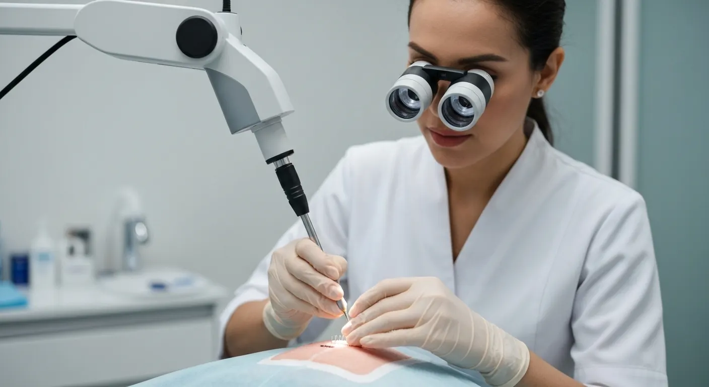 Specialist wearing magnifying loupes performing a hair transplant in a clinic
