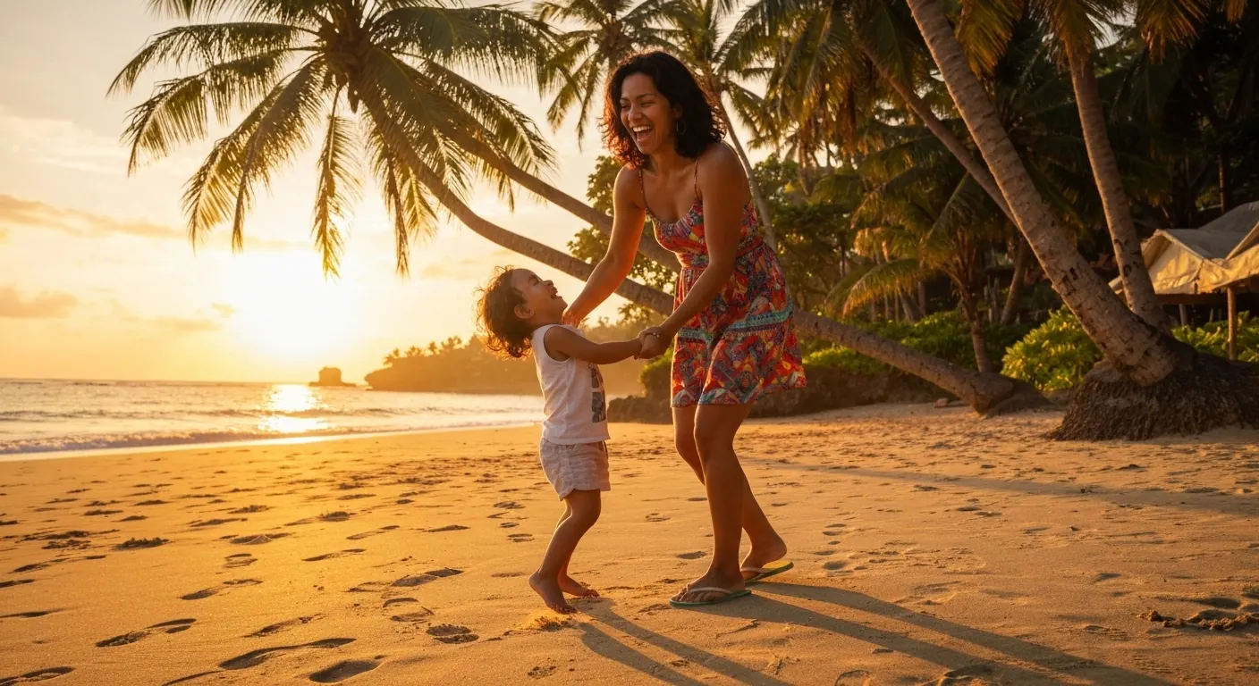 Mother playing with her young child on a Bali beach at sunset