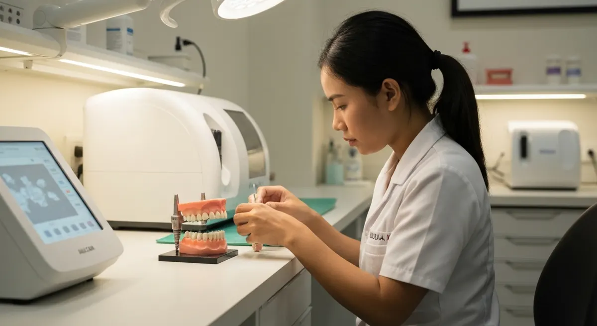 Dental technician preparing a full-arch restoration on a model
