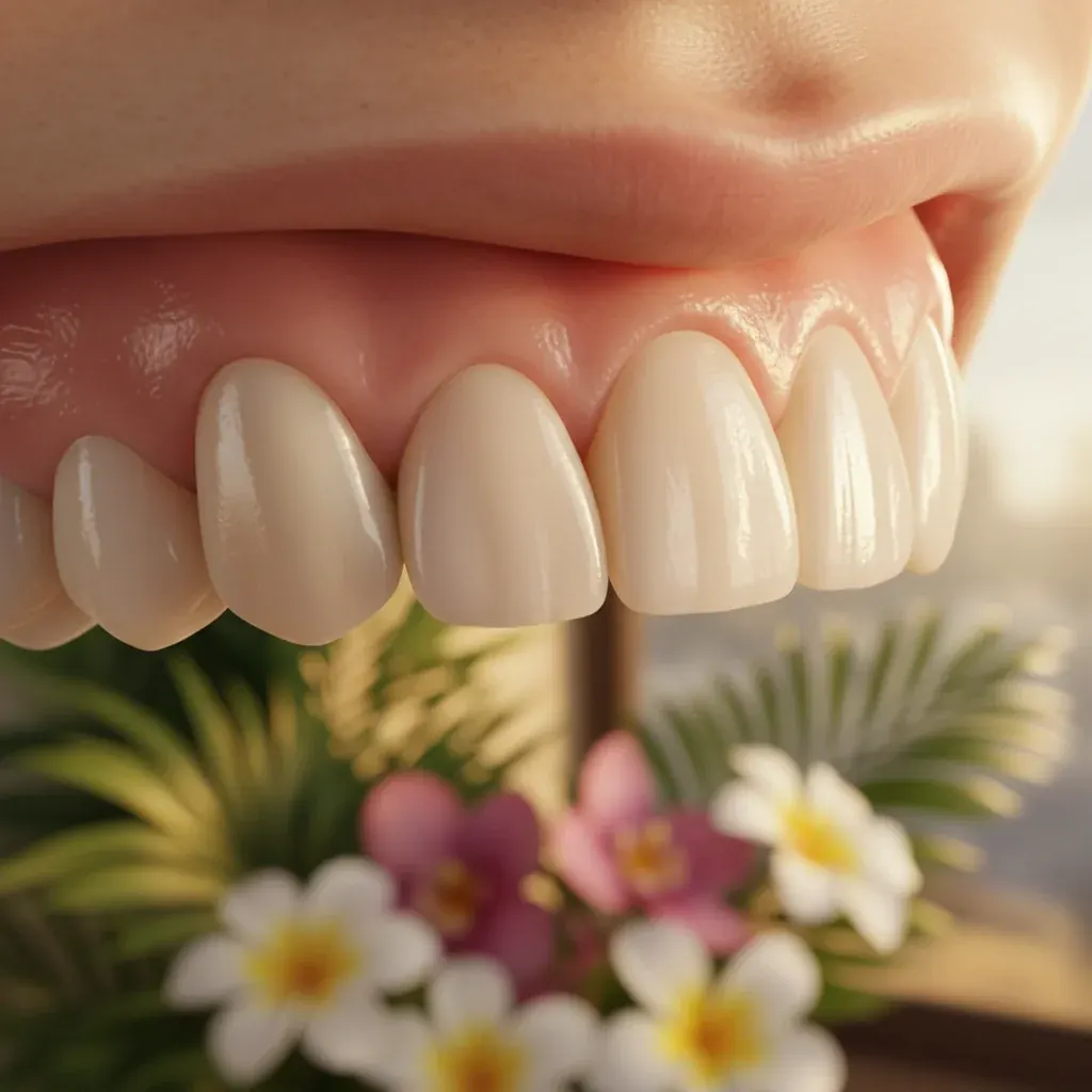 Close-up of natural-looking porcelain veneers with frangipani flowers