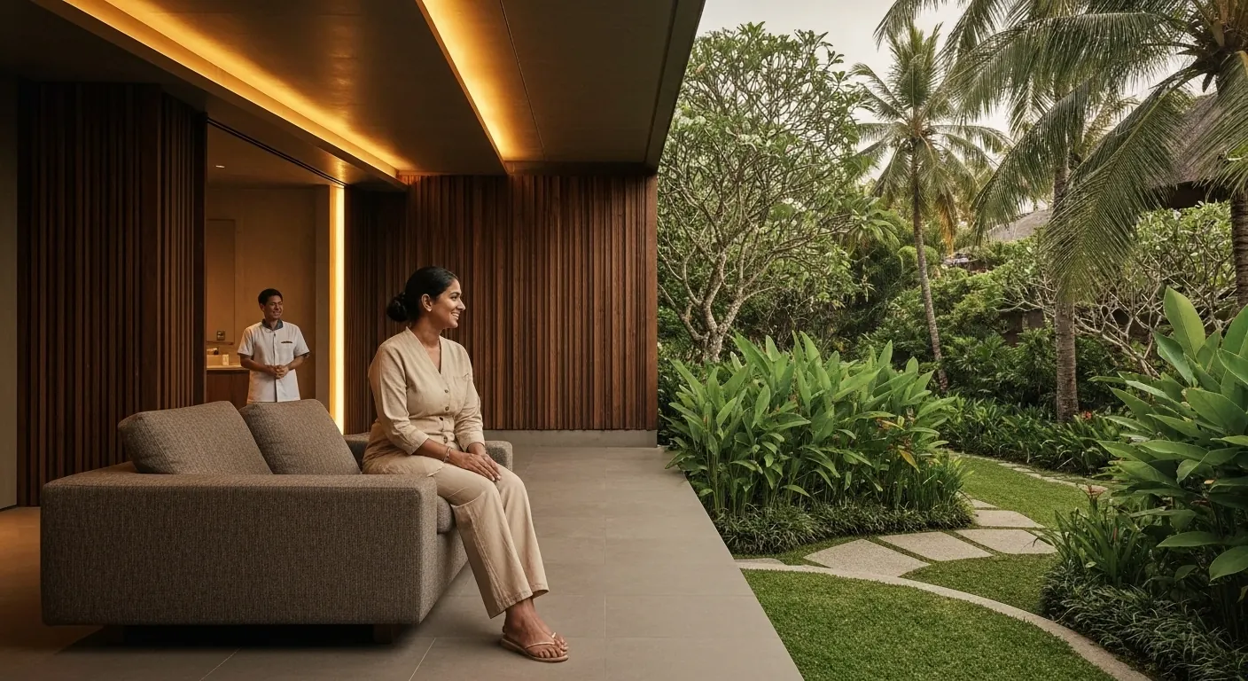 Woman relaxing on a villa terrace overlooking a tropical garden in Bali