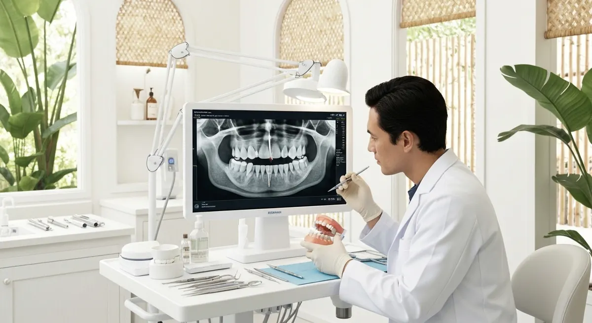 Dentist reviewing a panoramic X-ray before implant placement