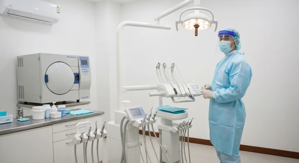 Dental assistant in protective gown beside a treatment chair and steriliser