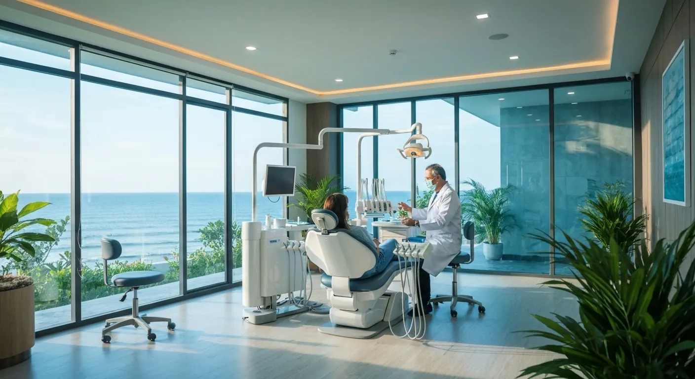 Modern dental treatment room in Bali with an ocean view