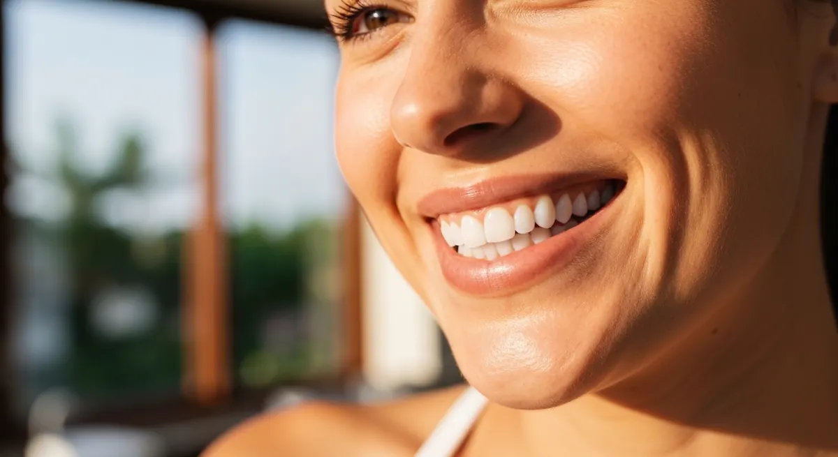Close-up of a natural smile with porcelain veneers
